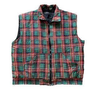 Red & Green Plaid Distressed Flannel Quilted Vest Vintage 80s Olmos